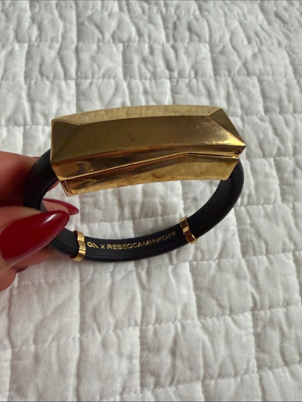 Rebecca Minkoff Black Leather like Bracelet with Gold Geometric Accent